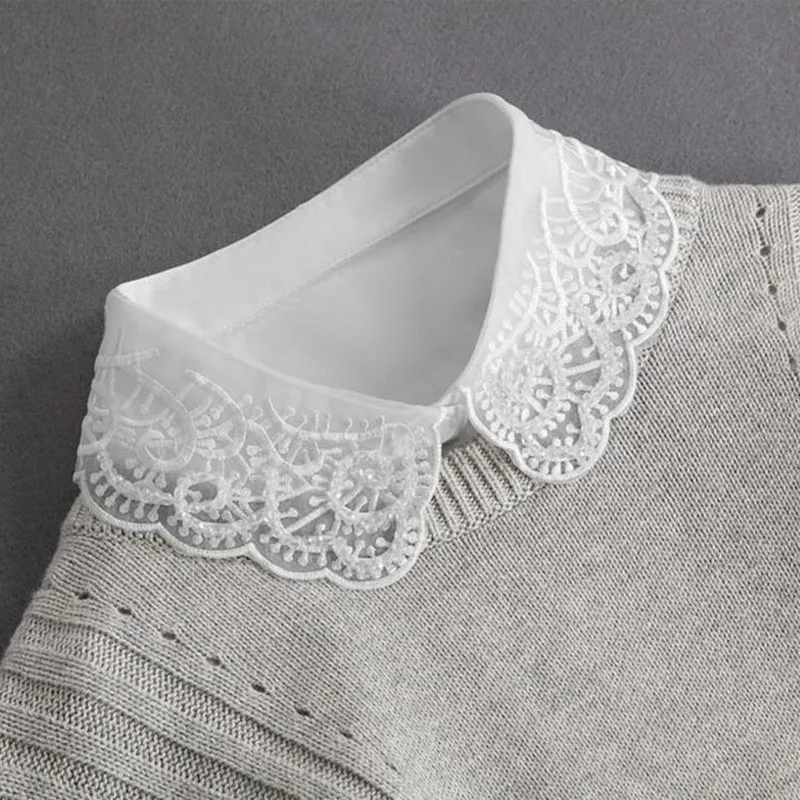 Front Tie White Fake Collar Stand Beads Detachable Collar Fake Women Vintage Crystal Lace Ladies False Blouse Collar Half Shirt - Image 7