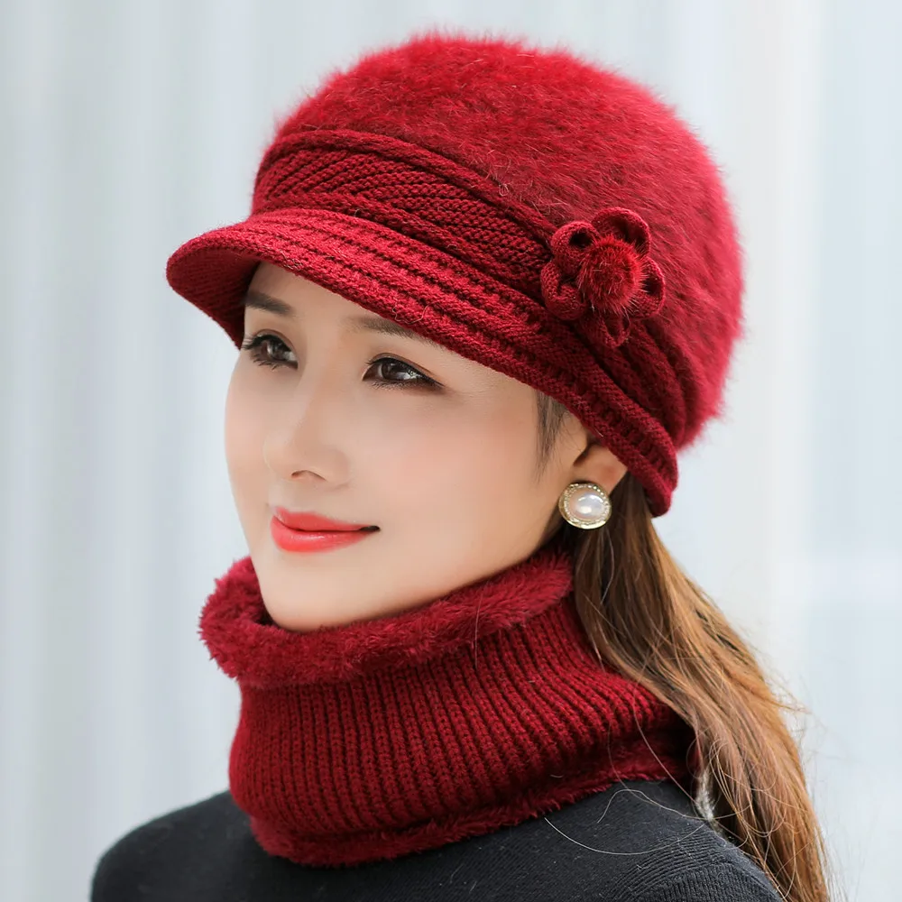 New Women Winter Hat Keep Warm Cap Add Fur Lined Hat & Scarf Warm Set Fashion Hat For Women Casual Faux Fur Flower Knitted Hat - Image 8