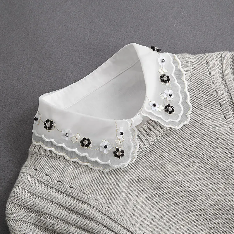Front Tie White Fake Collar Stand Beads Detachable Collar Fake Women Vintage Crystal Lace Ladies False Blouse Collar Half Shirt - Image 32