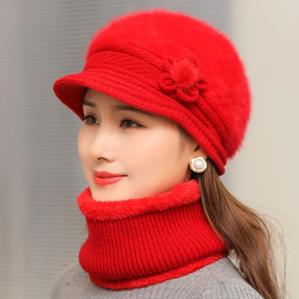New Women Winter Hat Keep Warm Cap Add Fur Lined Hat & Scarf Warm Set Fashion Hat For Women Casual Faux Fur Flower Knitted Hat - Image 10