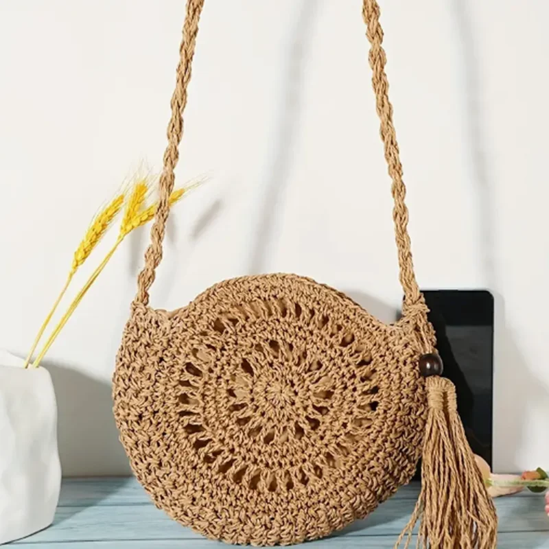 Fashion Hollow Out Shoulder Bags Casual Straw Crossbody Small Round Bag Purse Tassel Messenger Handbags bolsa feminina - Image 2