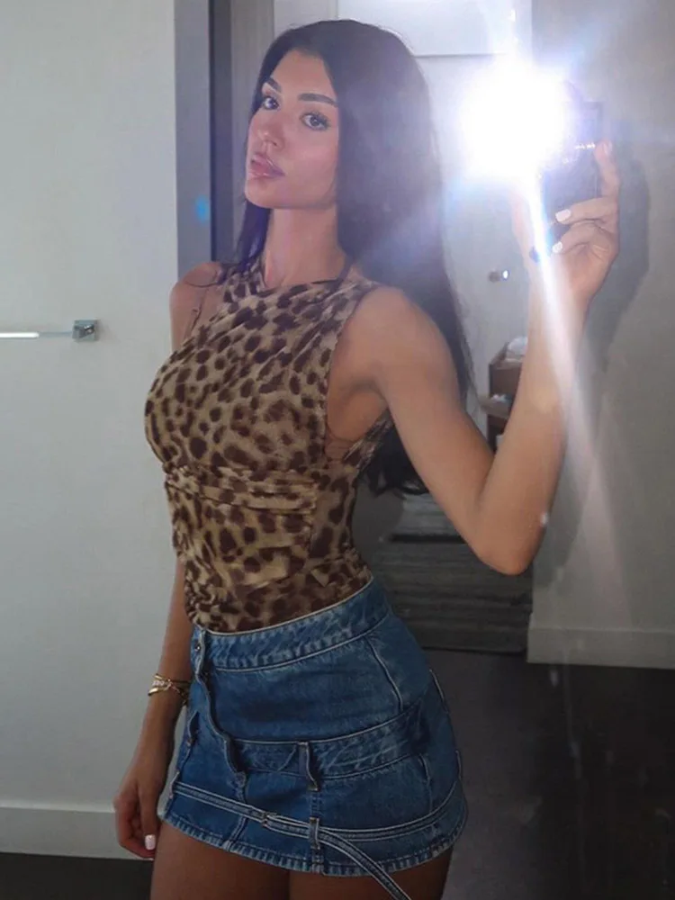 Women Leopard Tulle Bodysuit 2025 Summer Hollow Out Irregular Straps Snap-botton for Holiday Beach Style Streetwear - Image 2