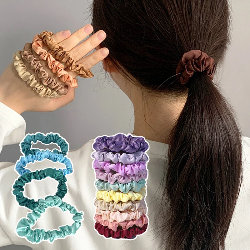 10-Piece Women's Pure Color Satin Large Scrunchie Daily Simple Rubber Hair Bands Set Skinny Ponytail Holder Hair Accessories - Image 3