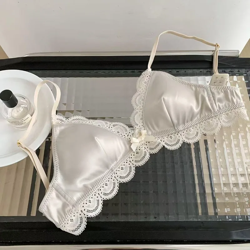 Korean Style Triangle Cup Bow Lace Bra for Women Small Chest Satin Underwear Sweet Girl Breathable Comfortable Soft Bra - Image 7