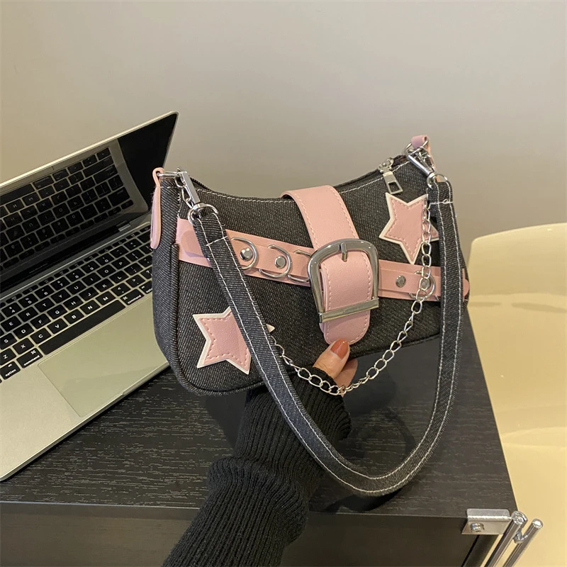 Fashion Women's Handbags Denim Stars Pattern Cool Girls Underarm Bag Female Small Shoulder Hobo Bags Chain Tote Bag - Image 8