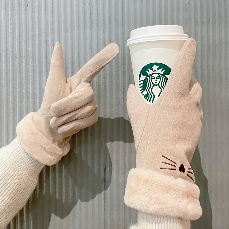 Winter Female Cashmere Warm Suede Leather Cycling Mittens Double Thick Velvet Plush Wrist Women Touch Screen Driving Gloves - Image 4