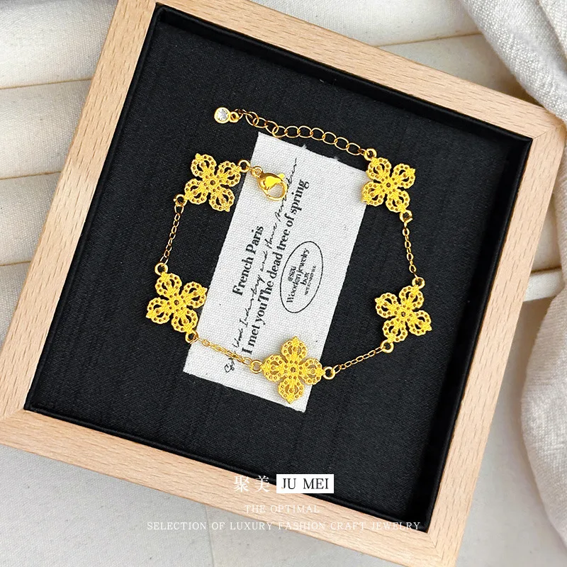 9999 24K real gold new Chinese style full diamond five-flower cross vajra bracelet women four-leaf clover bracelet - Image 3