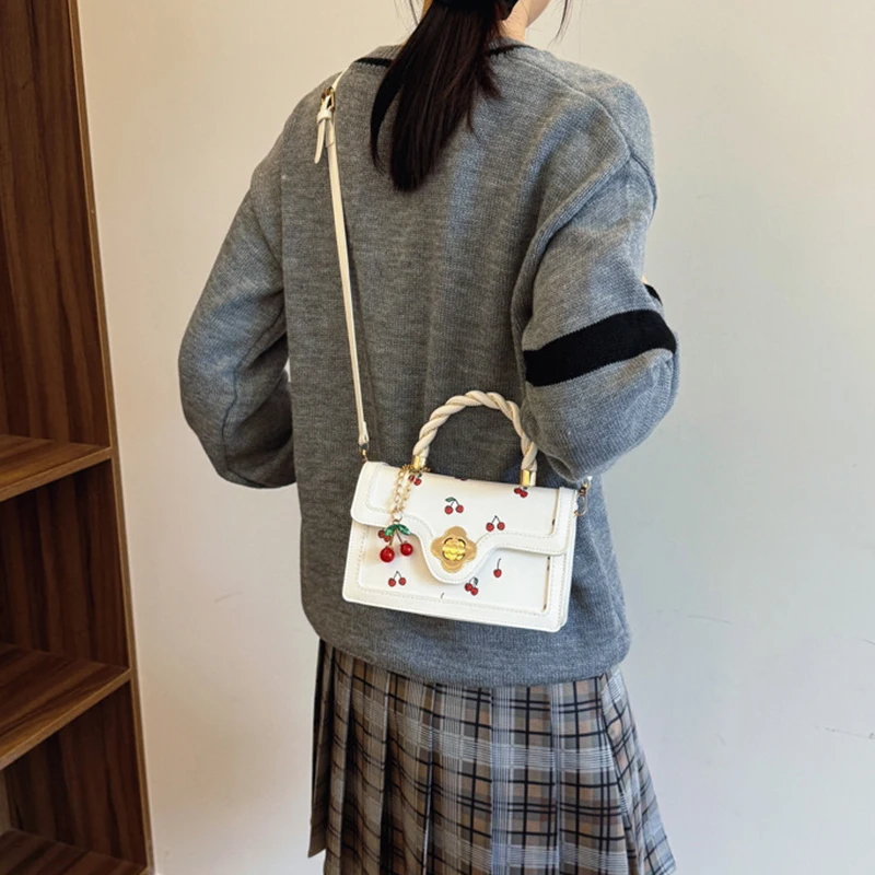 Fashion Cherry Print Top-Handle Bag Ladies Sweet Crossbody Bag Luxury Brand Small Square Bag 2024 Women High Quality Sling Purse - Image 4