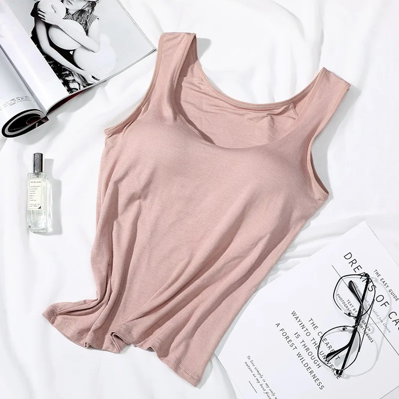 2023 Women's Vest Tops with Built In Bra Neck Vest Solid Color Padded Slim Fit Tank Tops Sexy Shirts Feminino Casual Tank Tops - Image 10