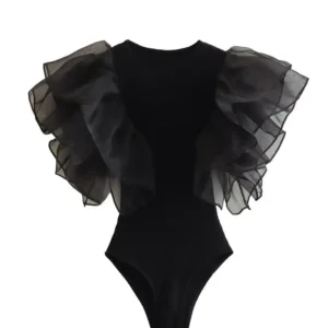 Willshela Women Fashion Black Ruffled Bodysuits Vintage O-Neck Sleeveless Female Chic Lady Tight Tops