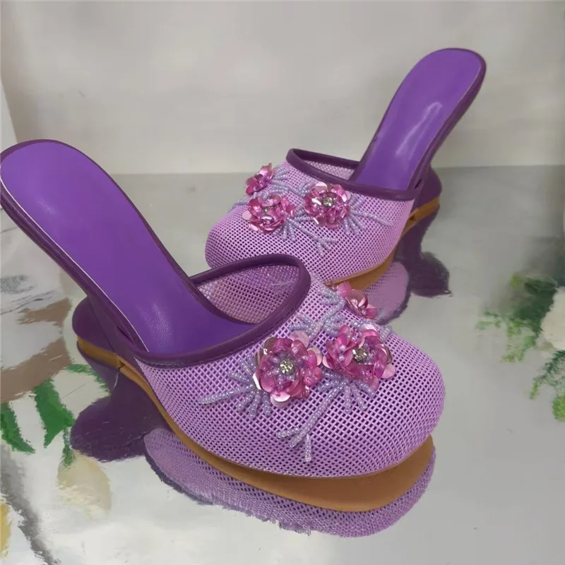 Fashion Women Summer Wedges Mesh Shoes For Woman's Flower Round Toe Slip-On Hollow High Heeled sandals Mujer Party Wedding Pumps - Image 13