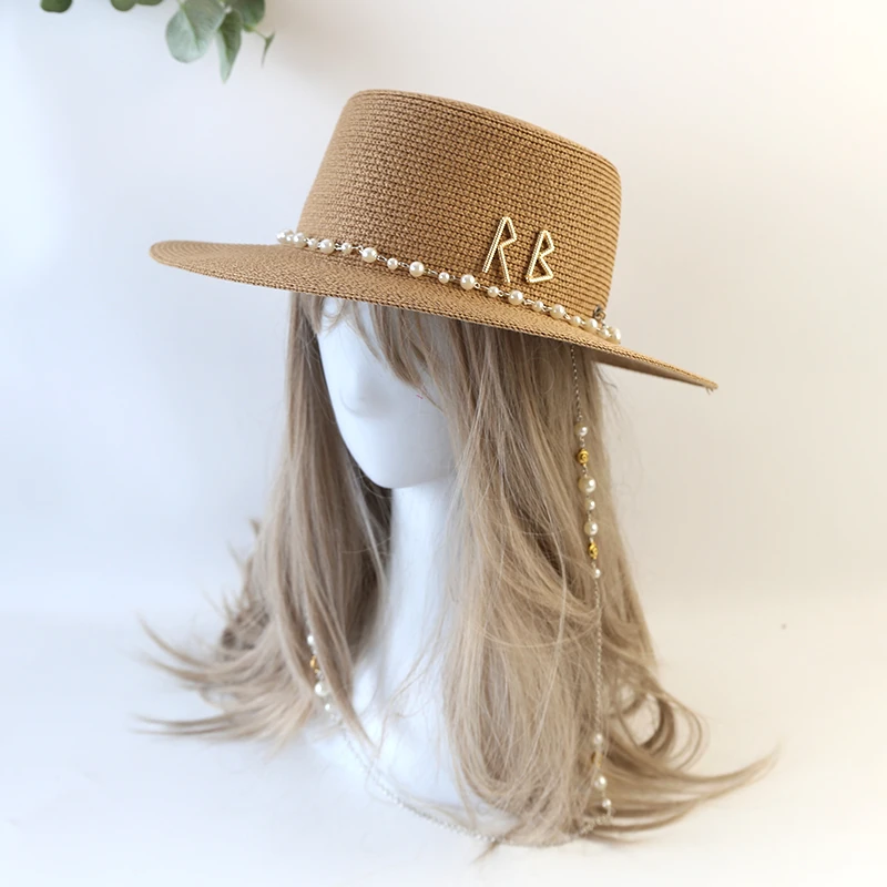 New Women Summer Hats Straw Sun Hat Panama Elegant Straw Fedoras Lady Girl Outdoor Vacation with Pearl Chain Sunshade Beach Hat - Image 3