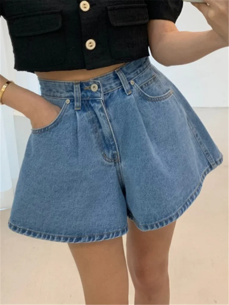 REALEFT 2024 New High Waist Washed Women's Denim Wide Leg Shorts Summer Buttons Casual Female Blue Jeans Trouses Pockets - Image 3