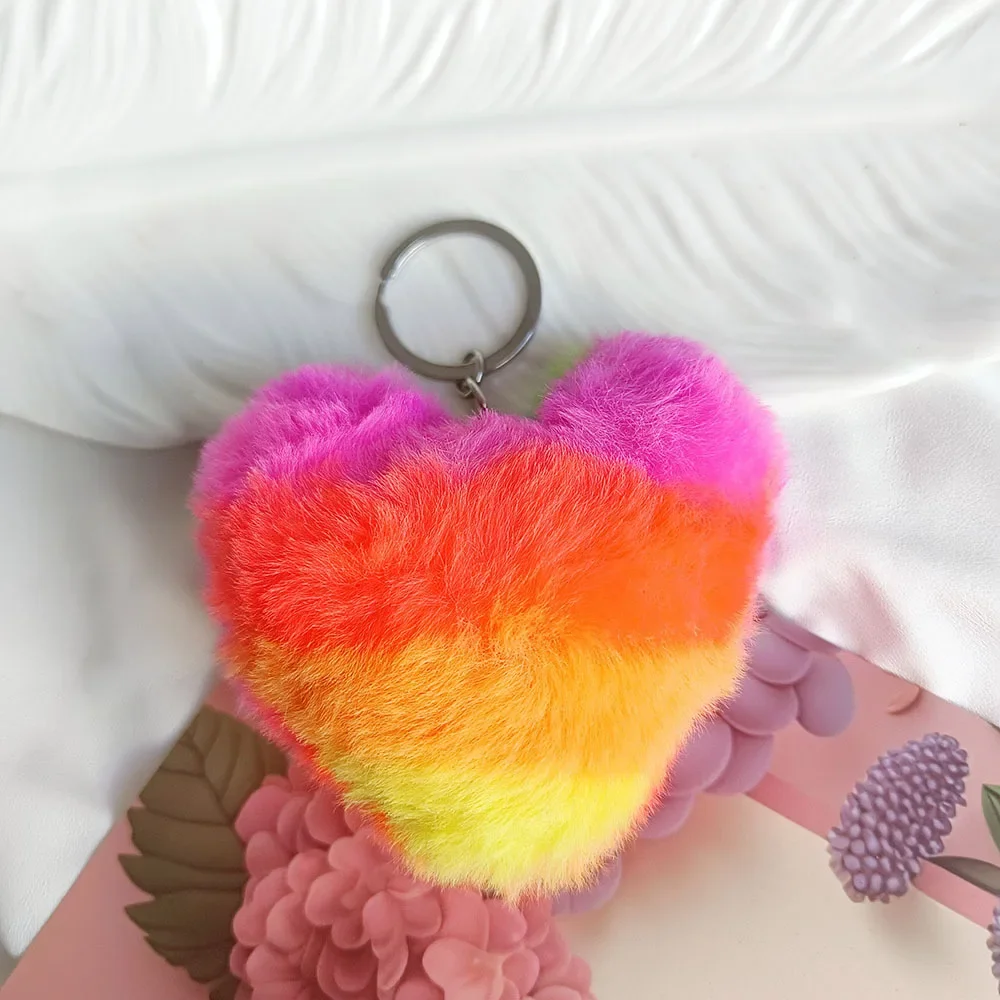 Creative for Woman Small Accessory Keyring Plush Rainbow Color Love Heart Keychain Cute Backpack Hangings Key Chain Ring Gift - Image 11