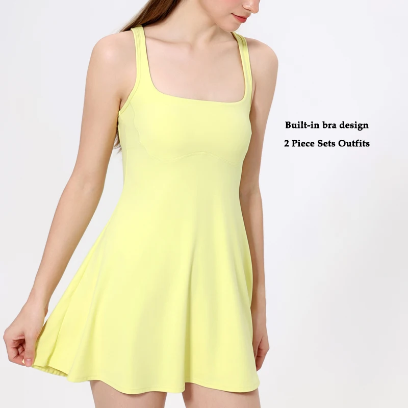 VITALINOVO Square Neck Womens Two Pieces Tennis Dress with Shorts Open Racerback Built-in Bra Workout Athletic Golf Dresses - Image 5