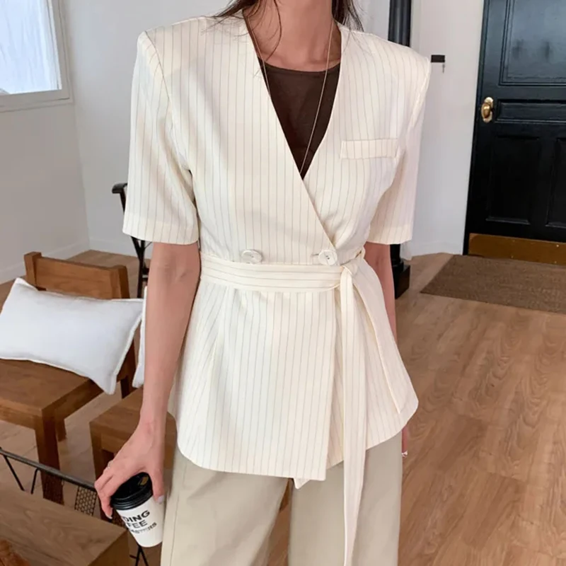 Elegant Striped Blazer Women Fashion Black Lace Up Suit Jackets Korean V Neck Outerwears Summer Office Ladies Short Sleeve Coats - Image 2
