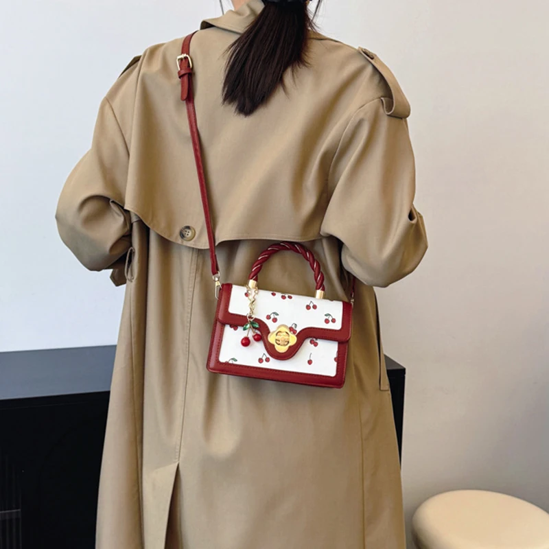 Fashion Cherry Print Top-Handle Bag Ladies Sweet Crossbody Bag Luxury Brand Small Square Bag 2024 Women High Quality Sling Purse - Image 3