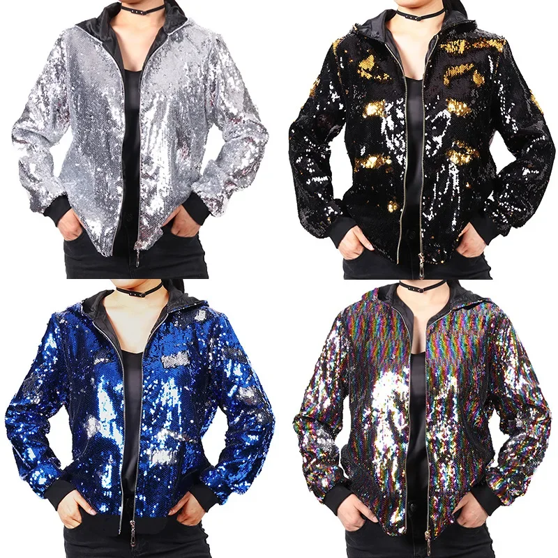 2025 New Europe and USA Party Flip Color Sequined Jackets for Women, Fashion Casual Shiny Loose Concert Hooded Baseball Jackets - Image 2