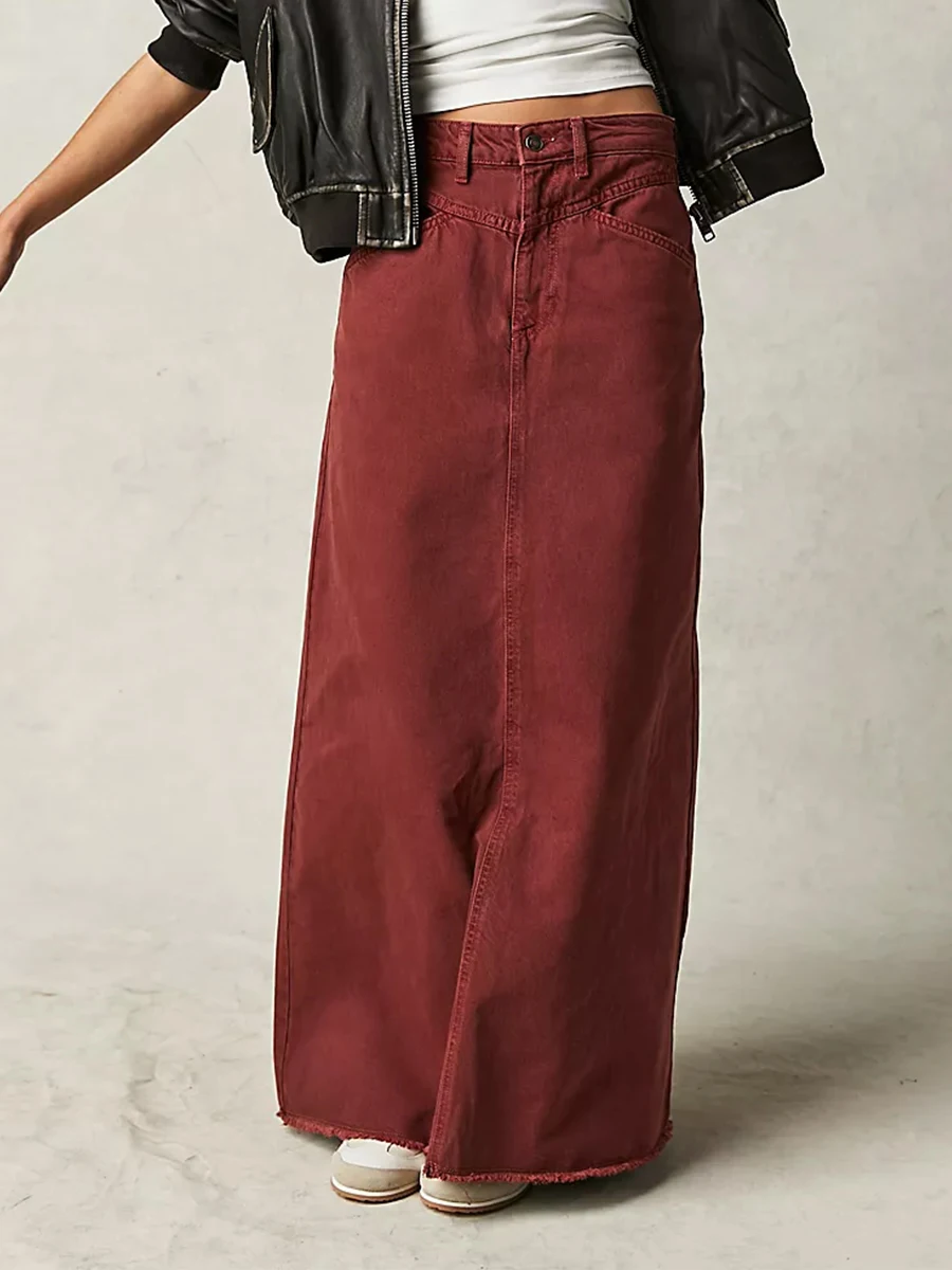 Women Y2K Vintage Denim Maxi Skirt High Waist A-Line Frayed Hem Loose Long Jean Skirt OOTD Streetwear - Image 7