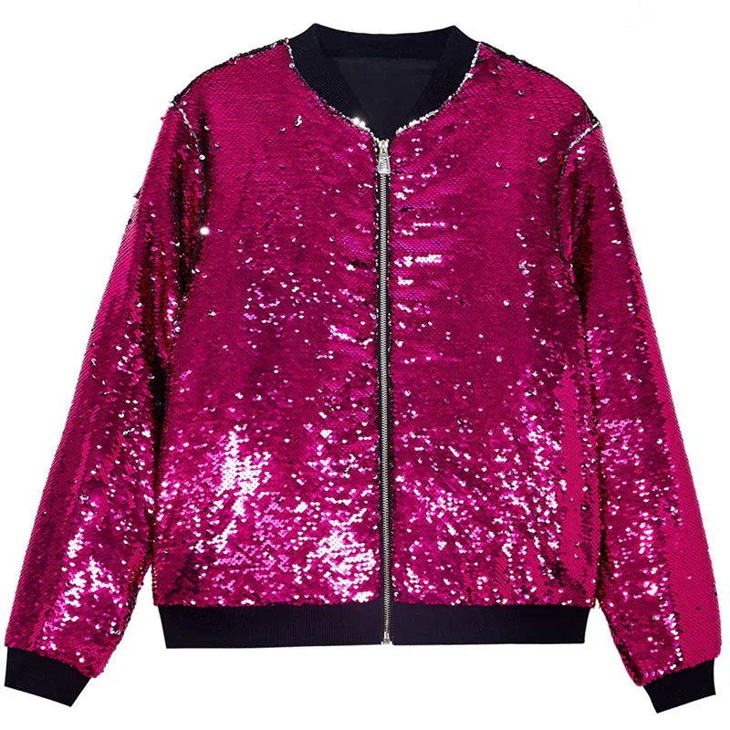 2025 New Europe and USA Party Flip Color Sequined Jackets for Women, Fashion Casual Shiny Loose Concert Hooded Baseball Jackets - Image 16