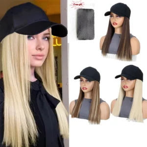 18Inch Synthetic Baseball Cap Wig With Black Hat Long Straight Hair Wigs for Women Connect One Piece  Adjustable