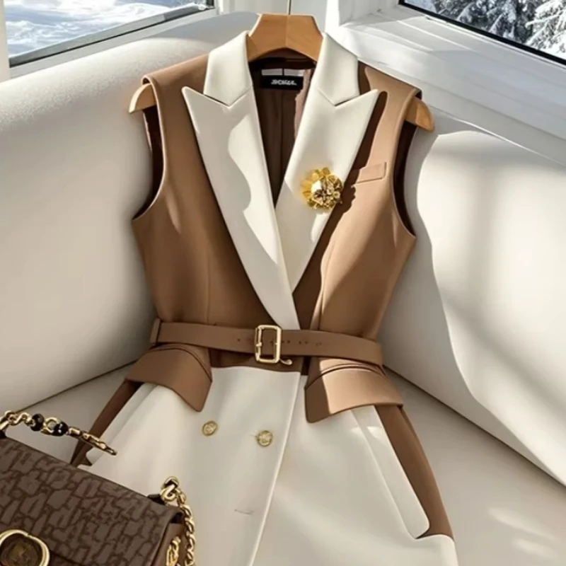 France Fashion Office Lady Coffee Blazers Vest Summer Korean Sleeveless Jackets with Belt Women Temperament Formal Slim Fit