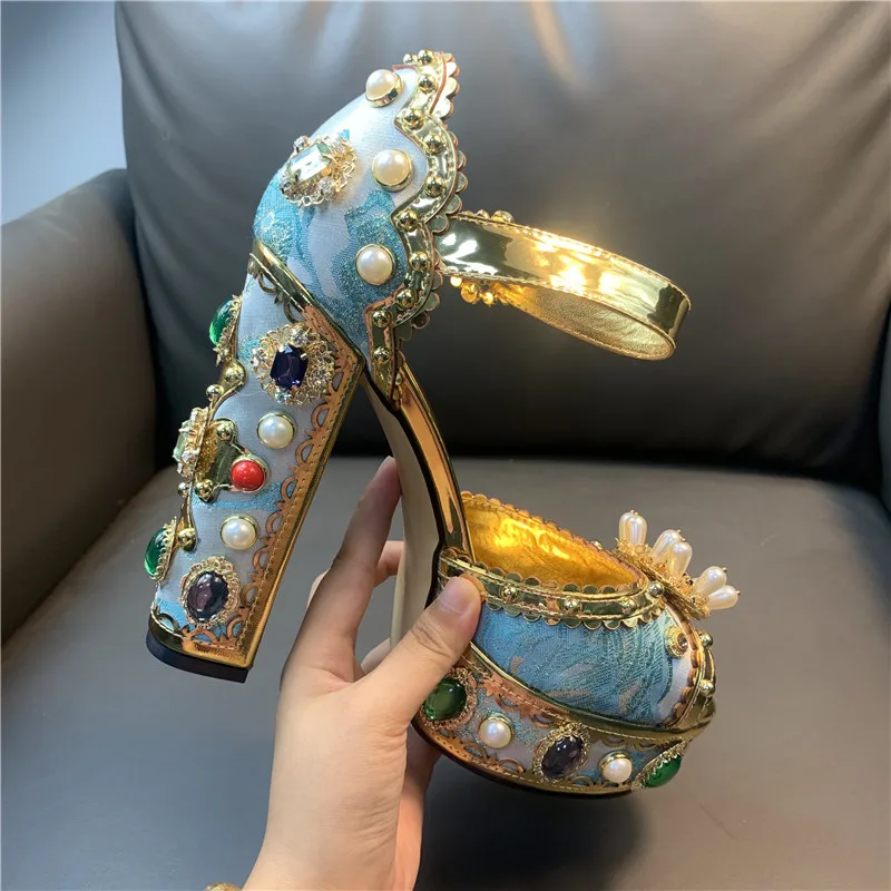 Women Chunky High Heels Shoes Platform Sandals For Women Rhinestone Metallic Gold Leather Shoes Woman Peep Toe Wedding Shoes - Image 6