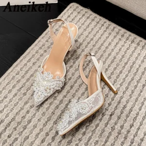 Aneikeh Summer Fashion White Pearl Designer Sandals Women Wedding Pumps Hollow Out Mesh Pointed Toe Mules High Heels Prom Shoes
