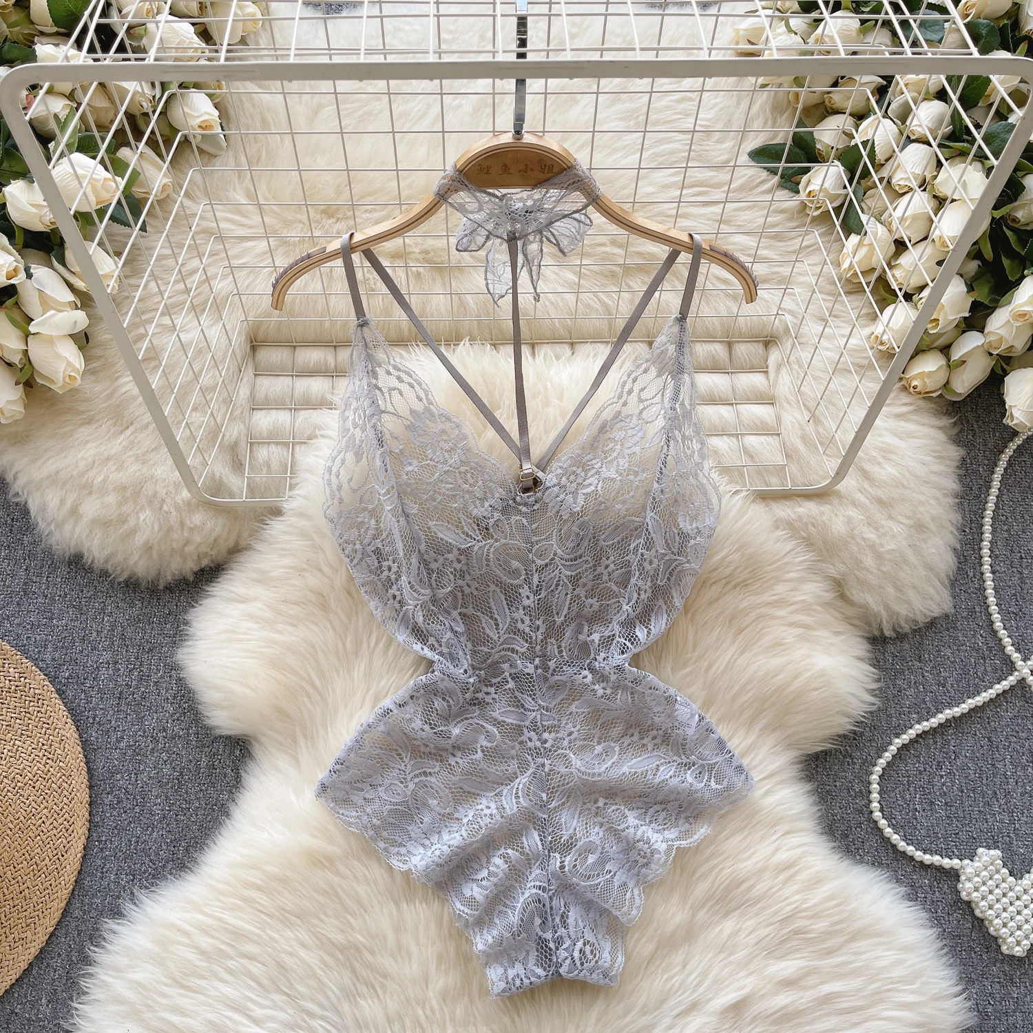 Women' Sexy Lace Camisole Slim Solid Color Sleeveless Bodysuit Erotic Lingerie V-Neck Ultra-Thin Pajamas Hollow Sheer Playsuit - Image 27