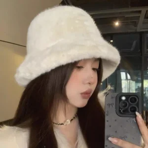 Fluffy Fur Fisherman Hat For Women Winter Plush Windproof Panama Cap Velvet Thicken Bucket Hat Outdoor Casual Ear Protection Cap