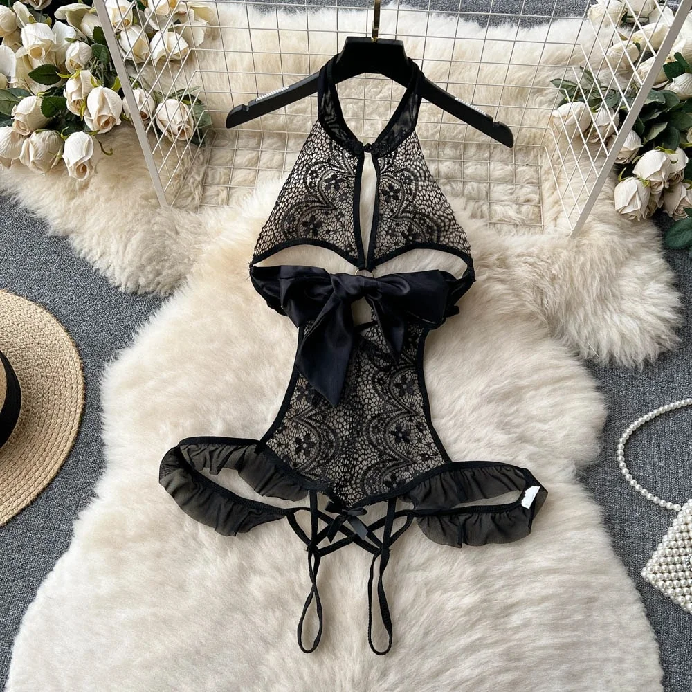 Women' Sexy Lace Camisole Slim Solid Color Sleeveless Bodysuit Erotic Lingerie V-Neck Ultra-Thin Pajamas Hollow Sheer Playsuit - Image 18