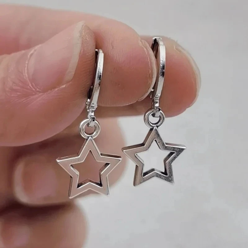 Simple Silver Color Star Earrings for Women Opal Stone Heart Hoop Earrings Punk Y2K Cute Daily Wear Jewelry Party Gifts - Image 7