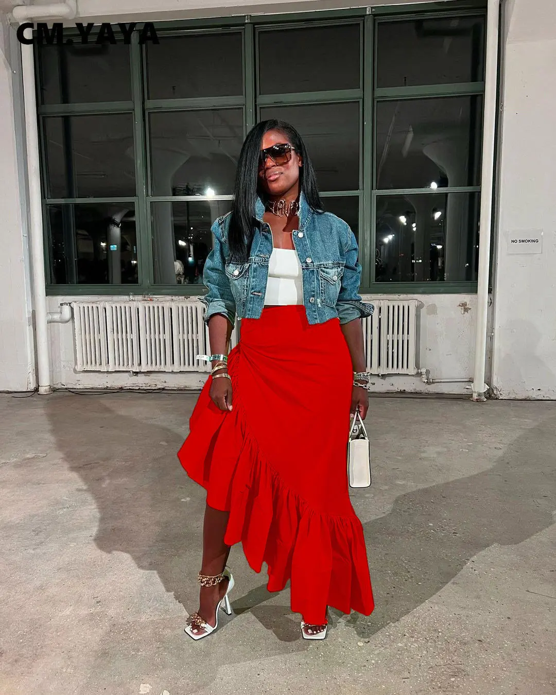 CM.YAYA Women Ruffles Hem Asymmetrical High Waist Maxi Long Skirt 2022 Autumn Winter Streetwear INS Fashion Skirts - Image 4