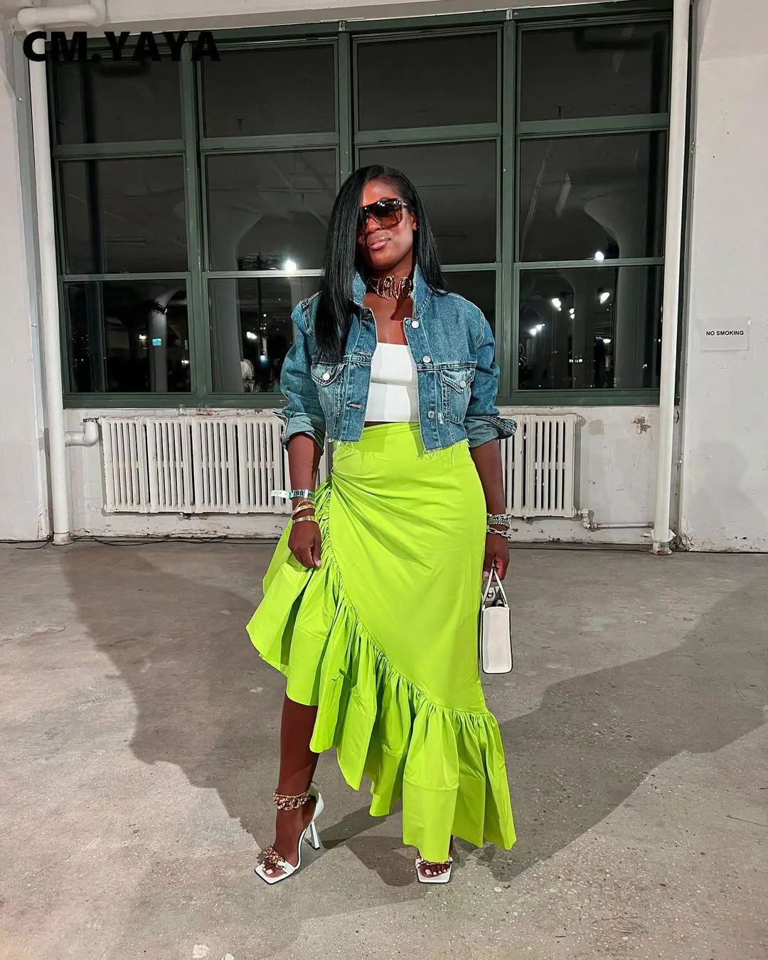 CM.YAYA Women Ruffles Hem Asymmetrical High Waist Maxi Long Skirt 2022 Autumn Winter Streetwear INS Fashion Skirts - Image 2