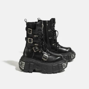 Metal Platform Middle Tube  2023 New Dark Punk Increased Lace-up Female Zipper Girl Motorcycle Boots Women