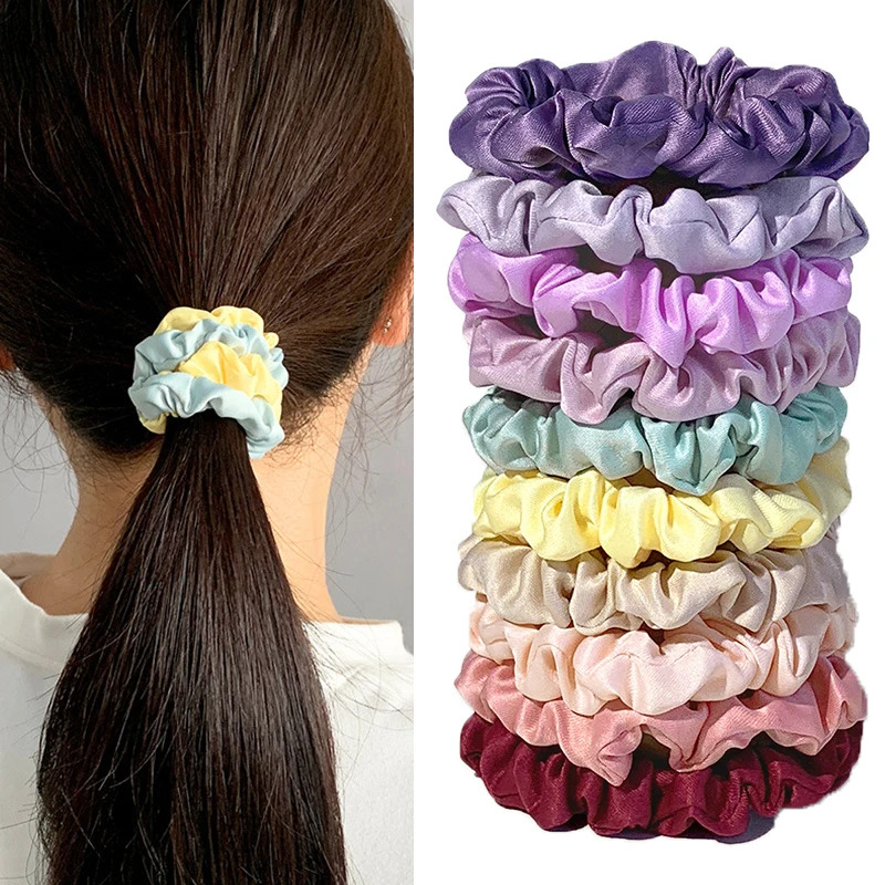 10-Piece Women's Pure Color Satin Large Scrunchie Daily Simple Rubber Hair Bands Set Skinny Ponytail Holder Hair Accessories - Image 4