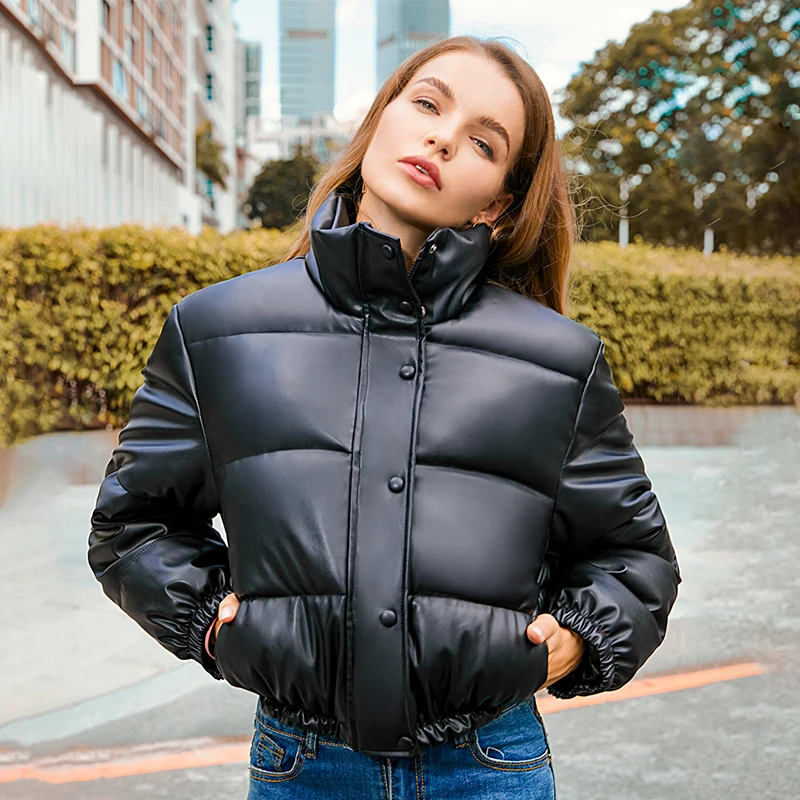 Winter Thick Warm Cropped Puffer Jacket Women Black PU Leather Parkas Elegant Zipper Coat Cotton Padded Punk Outwear 2023 - Image 4