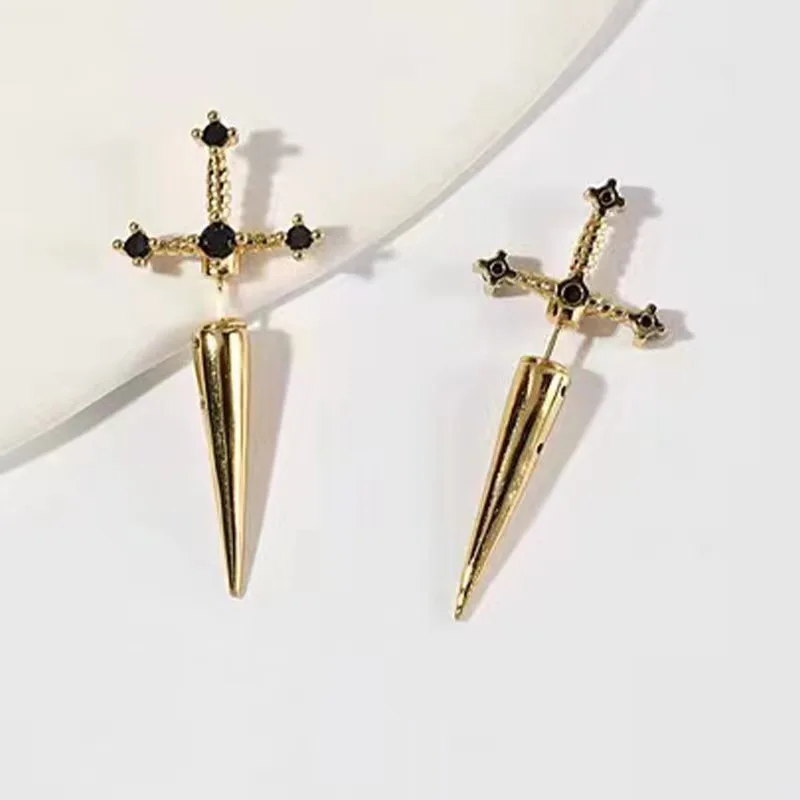 Kiss Jewelry Punk Sword Gothic Kinitial Piercing Earrings for Women Men Goth Crystal Ear Jacket Dagger Stud Earrings Jewelry - Image 5
