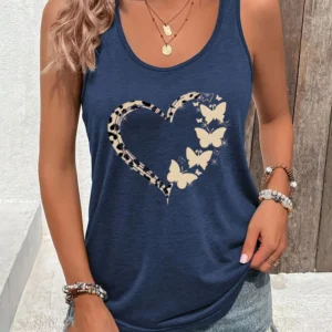 Woman Racerback Tank Top Leopard Butterfly Print Sexy Tops Butterfly Lover Gift Summer Outfit Heart Leopard Print Summer Tanks
