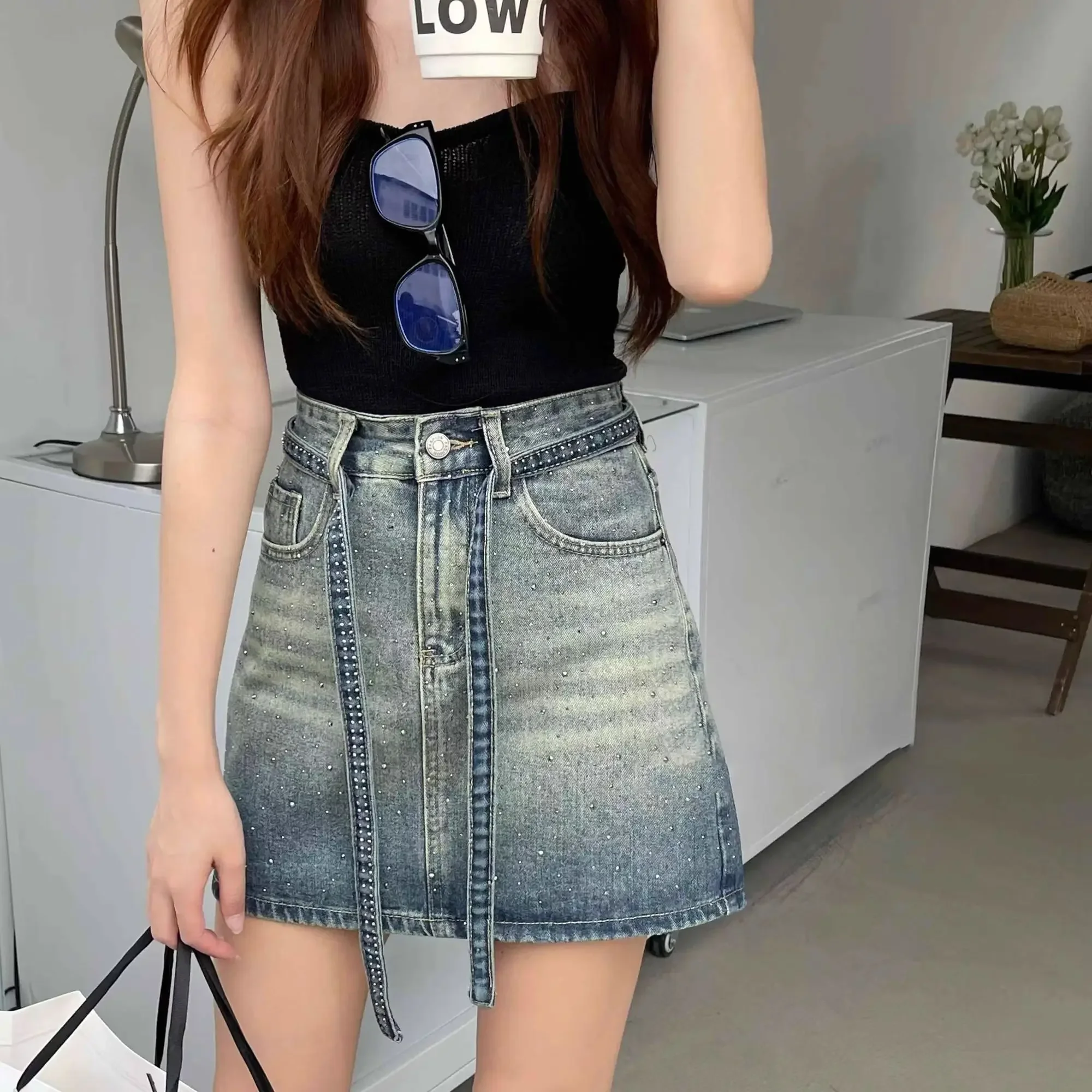 Female Jeans Skirts Sequin Gyaru Mini Y2k Vintage Summer 2025 Aesthetic Cheap Clothing Trend Casual Women's Denim Skirt Short