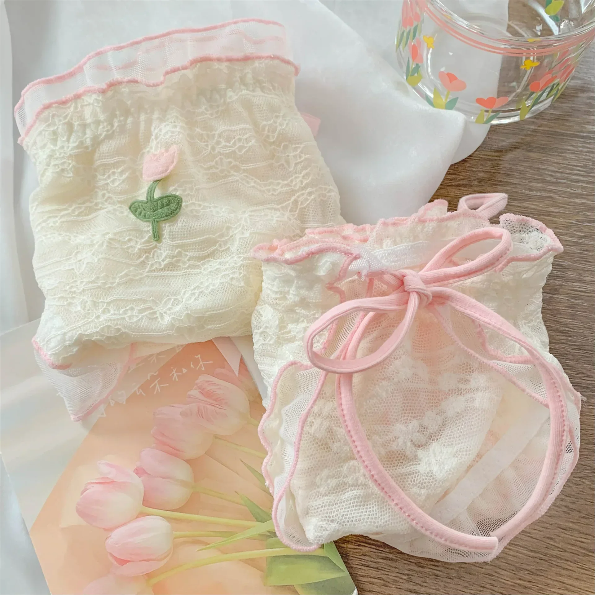 Japanese Sweet Mesh Lace Lace Bow 2024 New Sexy Mid Waist Comfortable and Breathable Fashion Triangle Short Pants WOMEN Panties - Image 2