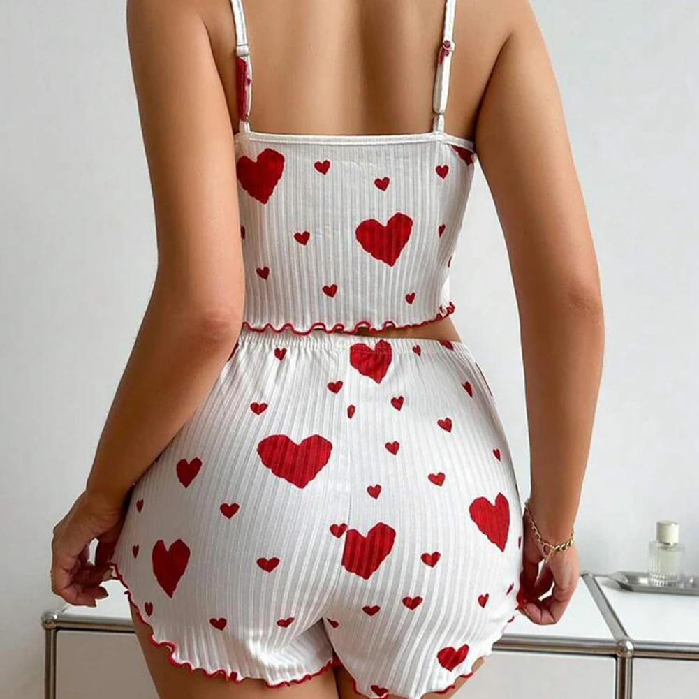 Women's Pajamas Set Summer 2PCS Sling Vest with Shorts 2026 Newly Love Heart Print Spaghetti Strap Camisole Sleepwear for Girls - Image 5