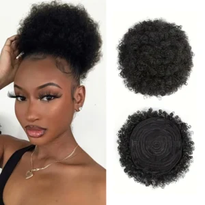 Human Hair Buns Ponytail Brazilian Afro Kinky Puffs Short Curly Drawstring Ponytail Extensions Natural Black Color For Women