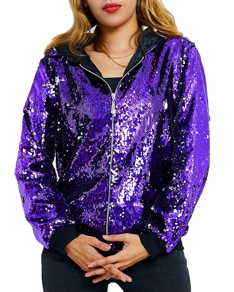 2025 New Europe and USA Party Flip Color Sequined Jackets for Women, Fashion Casual Shiny Loose Concert Hooded Baseball Jackets - Image 8