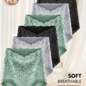 6pcs High-Waisted Tummy Control Plus-Size Women's Panties, Floral Print Comfort Fit Butt Lift Lace Trim