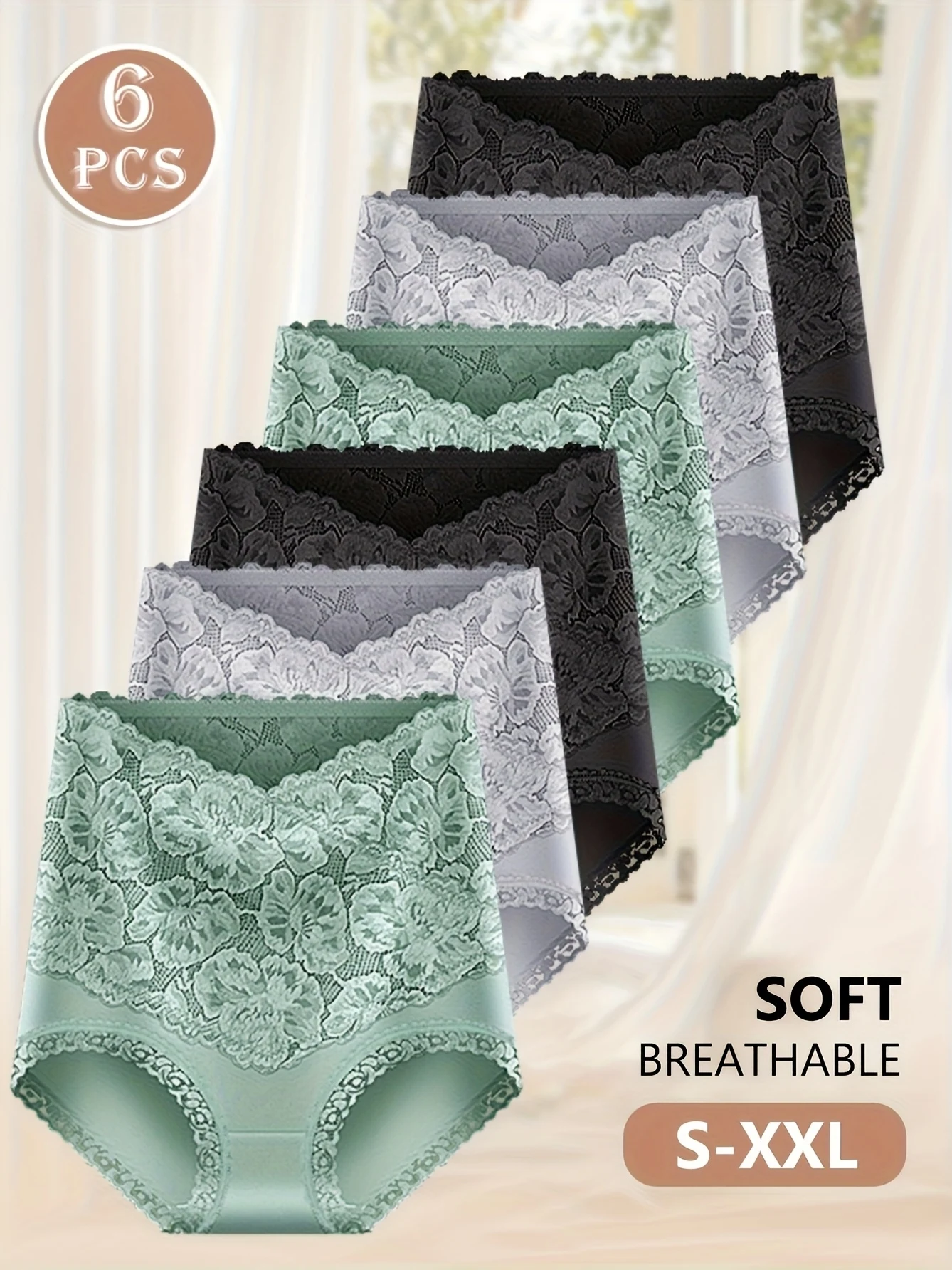 6pcs High-Waisted Tummy Control Plus-Size Women's Panties, Floral Print Comfort Fit Butt Lift Lace Trim