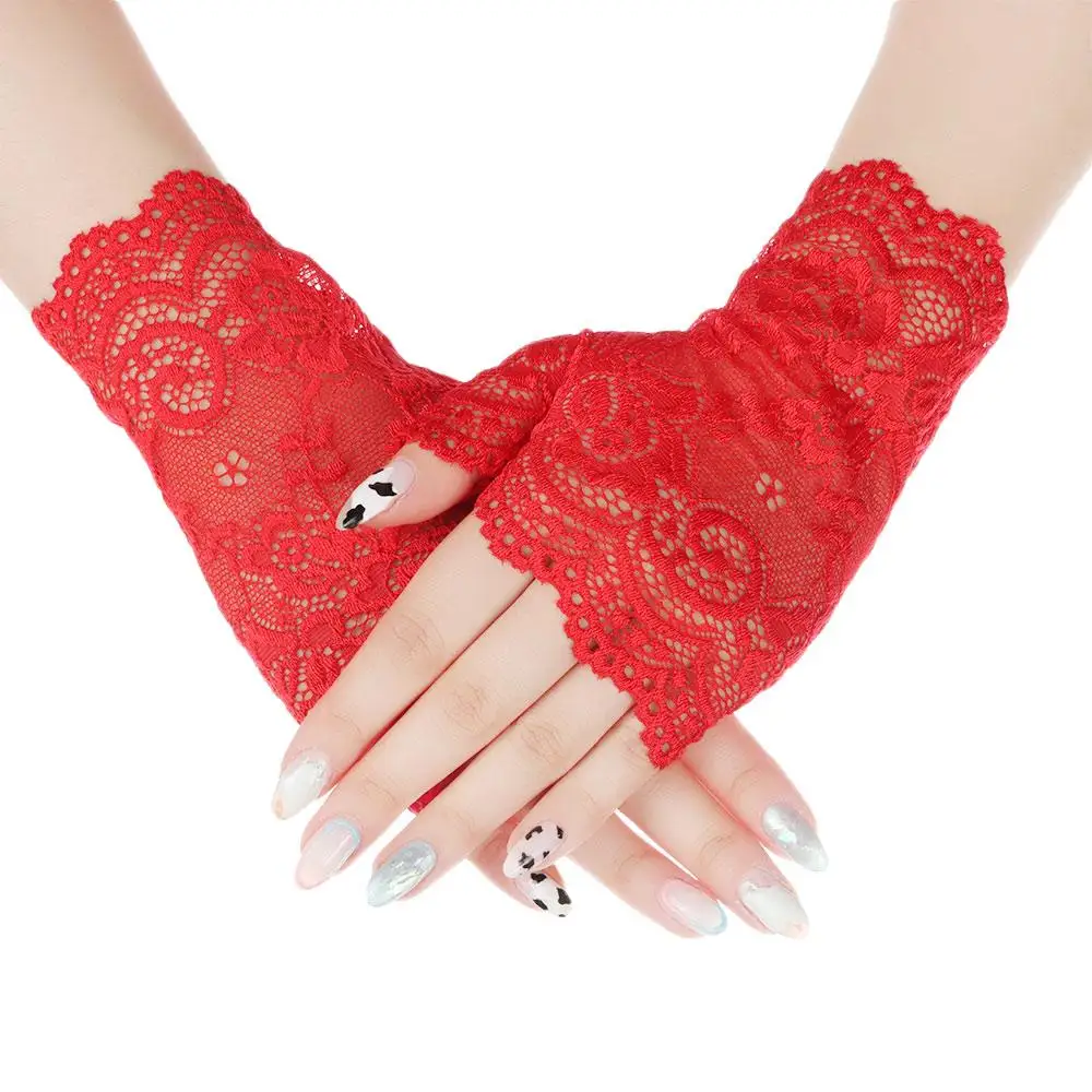 Women Short Lace Hollow-Out Fingerless Gloves Sun Protection Sleeves Mesh Thin Cycling Sexy Mittens Half Finger Handschoenen - Image 3