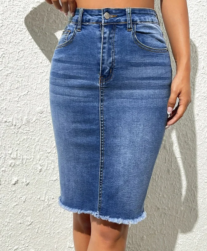 Skirts Women Denim Skirt Mid Length Slim Fit Solid High Waist Casual Regular Elegant Splice Hip Wrap Button Pocket Summer - Image 6