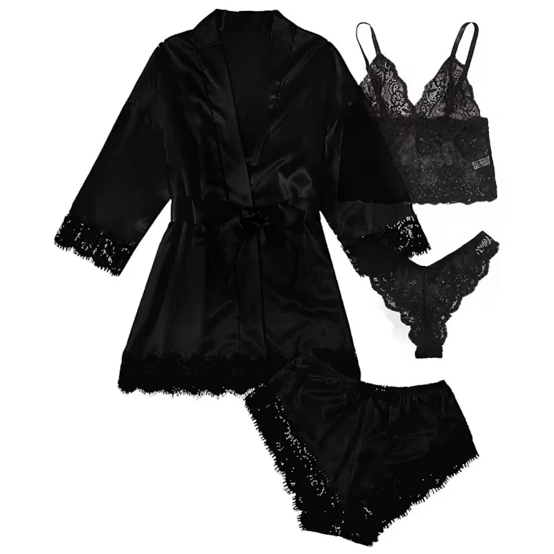 Women's Fashion Pajama Print Sexy Lace Trim Faux Silk Satin Pajama Set Gown Skin Friendly Comfort Loungewear Sexy Pajamas - Image 9