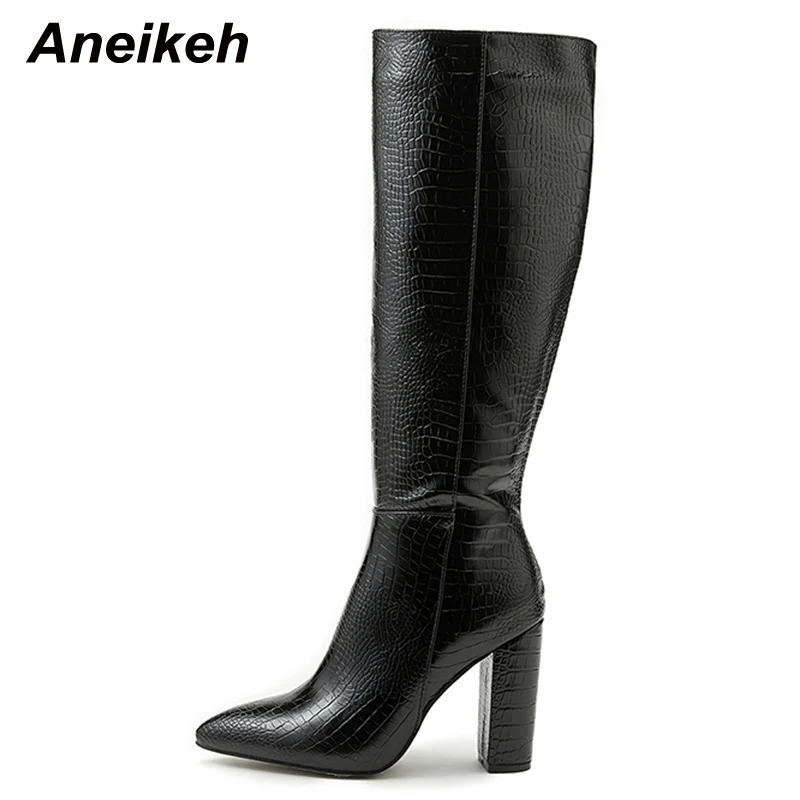 Aneikeh Pointed Thick Heels Knee Long Boots Women's 2025 Spring/Autumn Patent Leather Crocodile Pattern Panel Side Zipper Boots - Image 5